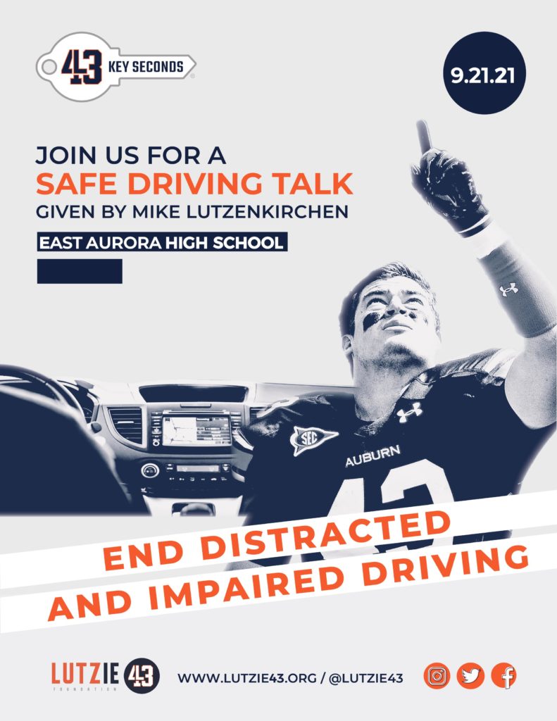 East Aurora High School to host Mike Lutzenkirchen, executive director of the Lutzie43 Foundation, for a talk about driving safe & making responsible choices